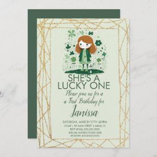 St. Patricks Birthday Girl Shamrock Glitter Frame Invitation
