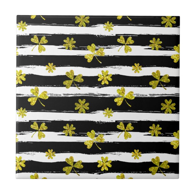 st patricks black white clover ceramic tile (Front)