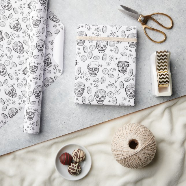 St Patricks Black & White Irish Sugar Skulls Wrapping Paper (Crafts)