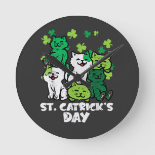 St Patricks Catricks Day Cats Saint Pattys Round Clock