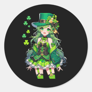 St Patrick's Day Anime Girl Kawaii Leprechaun Girl Classic Round Sticker