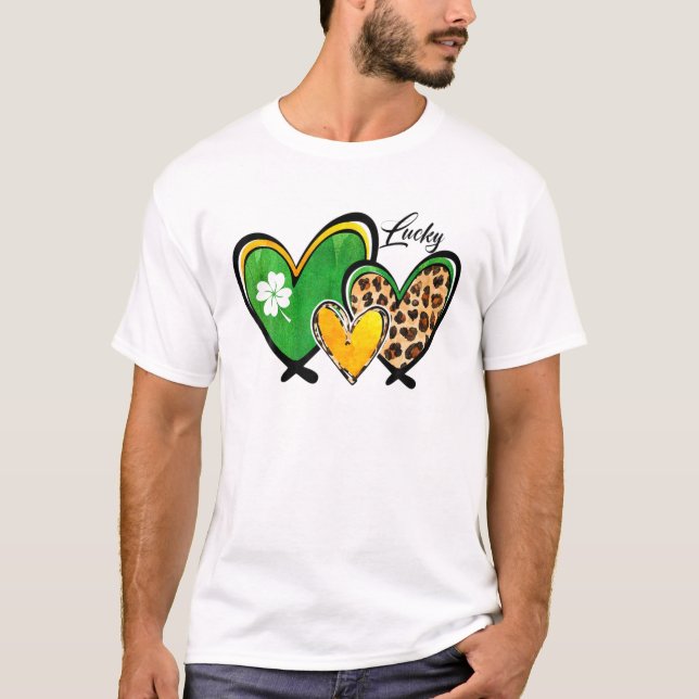 St. Patrick's Day Apparel Leopard Lucky Hearts Sha T-Shirt (Front)