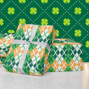 St Patrick's Day Argyle Plaid Green White Orange Wrapping Paper