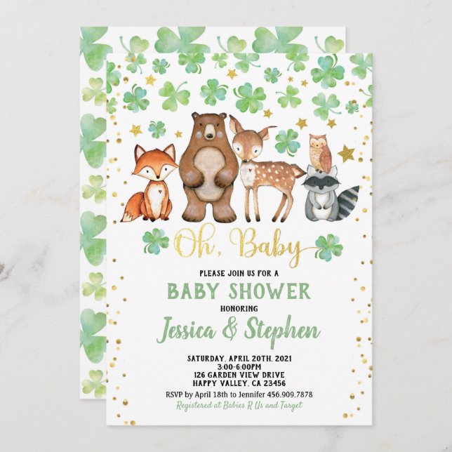 St Patrick's Day Baby Shower Shamrock Animals Invitation (Front/Back)