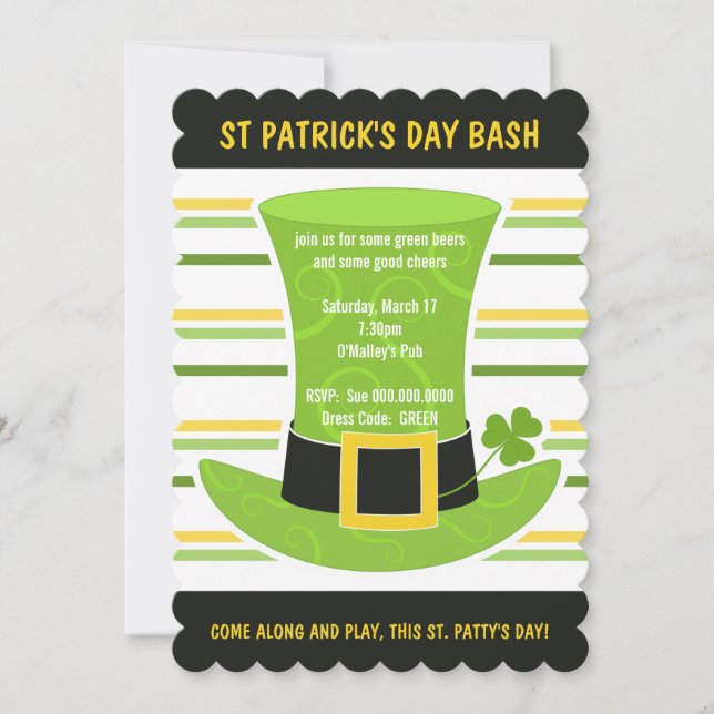 St Patrick's Day Bash Green Top Hat Stripes Invite (Front)