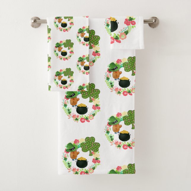 St. Patrick's Day Bathroom Towel Sets Teddy Bear (Insitu)