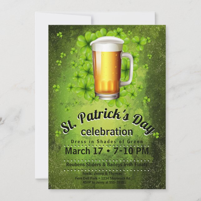 St. Patrick's Day Beer & Shamrocks on Grunge Invitation (Front)