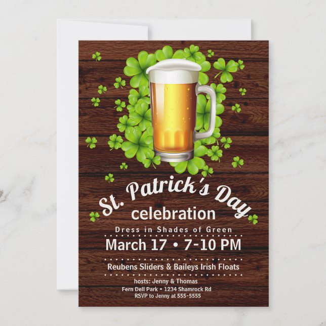 St. Patrick's Day Beer & Shamrocks on Wood Invitation (Front)