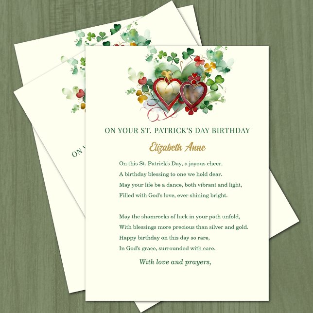 St. Patrick's Day Birthday Blessing Shamrocks Card (St. Patrick's Day Birthday Blessed with hearts and shamrocks )