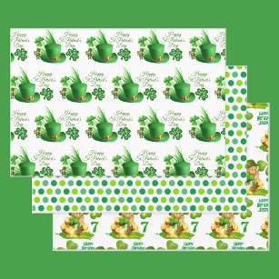 St. Patrick's Day Birthday Custom Name & Age 3 Wrapping Paper Sheet
