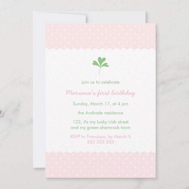 St Patricks Day Birthday Girl Pink Green Shamrock Invitation (Front)