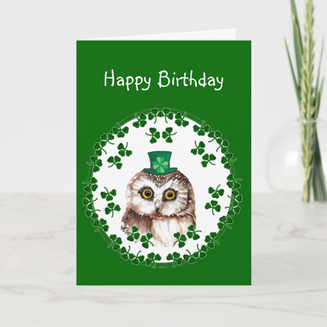 St. Patrick's Day Birthday Luck & Wisdom Owl Card (Front)