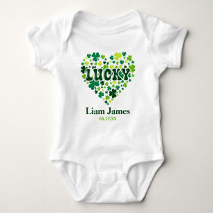 St. Patrick's Day Birthday Lucky Heart Custom Name Baby Bodysuit