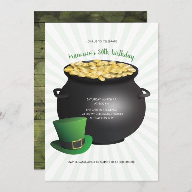 St Patricks Day Birthday St Patty Pot Gold Top Hat Invitation (Front/Back)