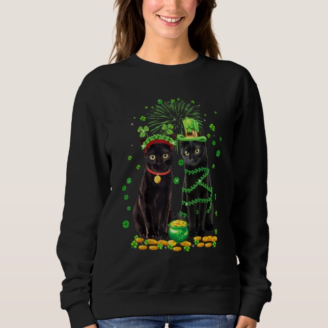 St Patricks Day Black Cat Leprechaun Shamrock Funn Sweatshirt (Front)