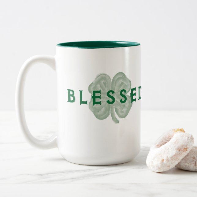 St. Patrick's Day Blessed Shamrock Two-Tone Coffee Mug (With Donut)