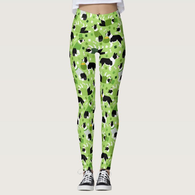 St. Patrick's Day Border Collie Pattern Leggings (Front)