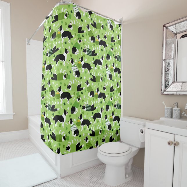St. Patrick's Day Border Collie Pattern Shower Curtain (In Situ)