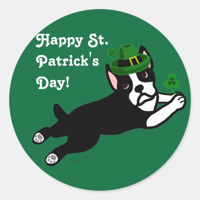 St. Patrick's Day Boston Terrier 2 Classic Round Sticker (Front)