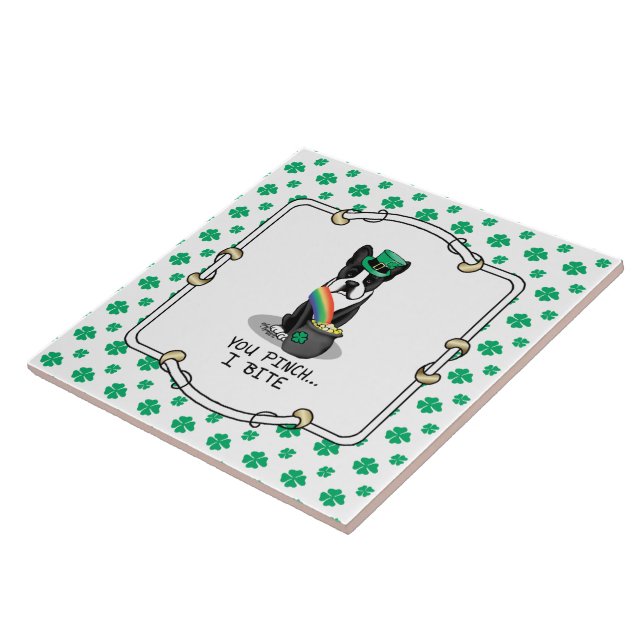St. Patrick's Day Boston Terrier (black) Cute Dog Ceramic Tile (Side)