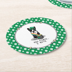 St. Patrick's Day Boston Terrier Dog (black) Funny Round Paper Coaster