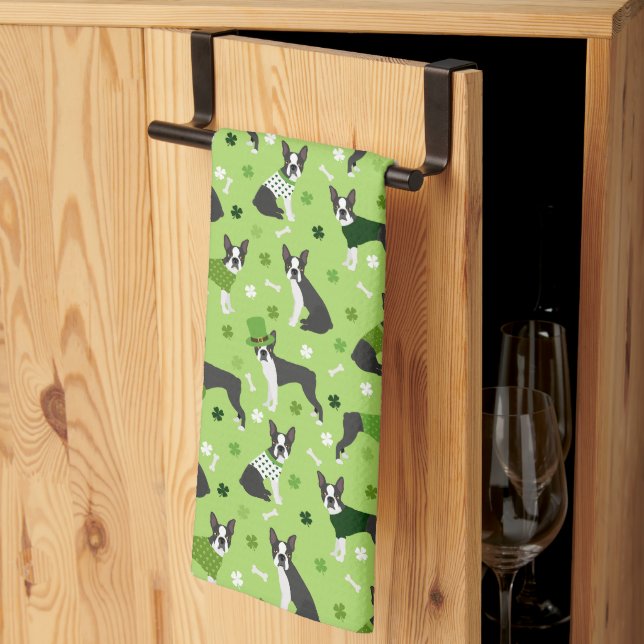 St. Patrick's Day Boston Terrier Tea Towel (Thirds Fold)