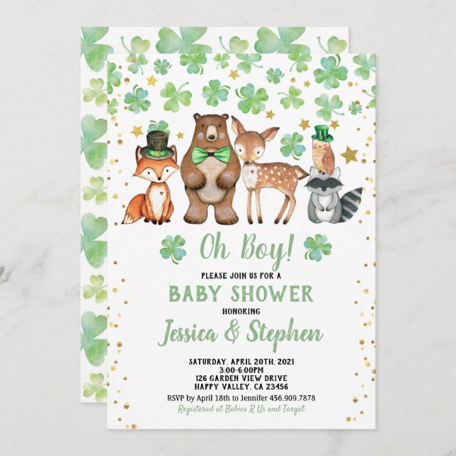St Patrick's Day Boy Baby Shower Shamrock Animals Invitation (Front/Back)