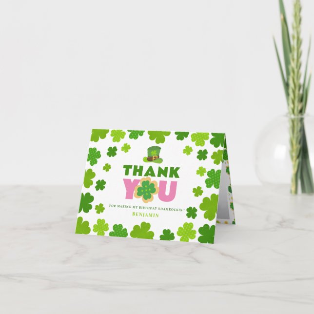 St. Patrick's Day Boy Birthday Shamrocks Photo Thank You Card (Front)