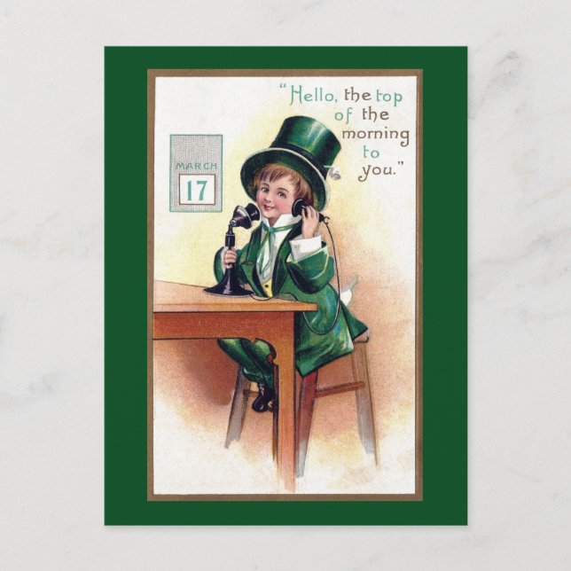 St Patrick's Day Boy on Antique Phone Postcard (Front)