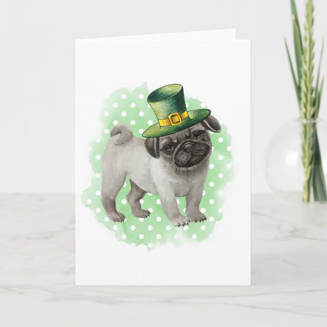 St Patricks Day Card Pug Dog Leprechaun (Front)