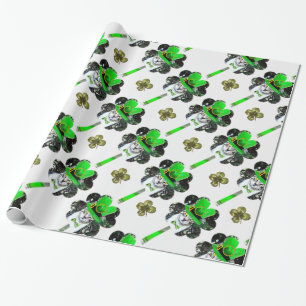 ST PATRICK'S DAY CAT,LEPRECHAUN HAT AND SHAMROCKS WRAPPING PAPER