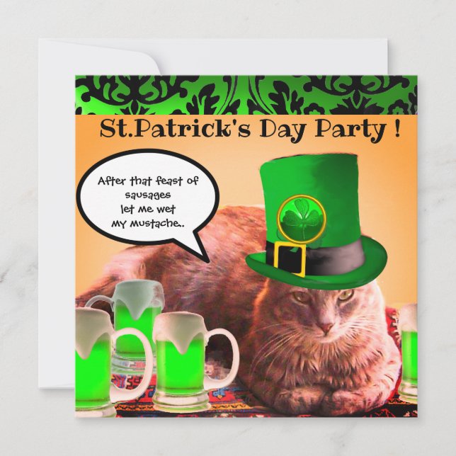 ST.PATRICK'S DAY CAT LEPRECHAUN HAT IRISH BEER INVITATION (Front)