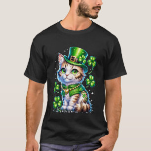 St Patricks Day Cat Leprechaun Hat Shamrock Girls T-Shirt