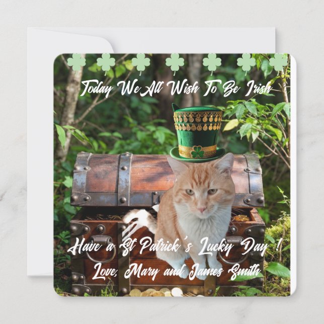St Patrick's Day Cat Shamrock Flat Holiday Card (Front)