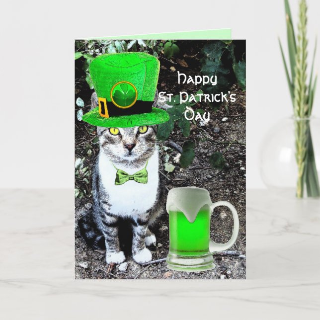ST PATRICK'S  DAY CAT  WITH GREEN IRISH BEER CARD (Front)