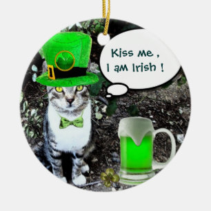 ST PATRICK'S  DAY CAT  WITH GREEN IRISH BEER CERAMIC ORNAMENT
