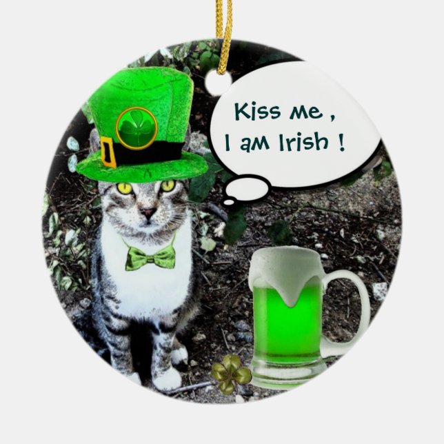 ST PATRICK'S  DAY CAT  WITH GREEN IRISH BEER CERAMIC ORNAMENT (Front)