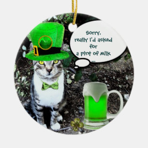 ST PATRICK'S  DAY CAT  WITH GREEN IRISH BEER CERAMIC ORNAMENT