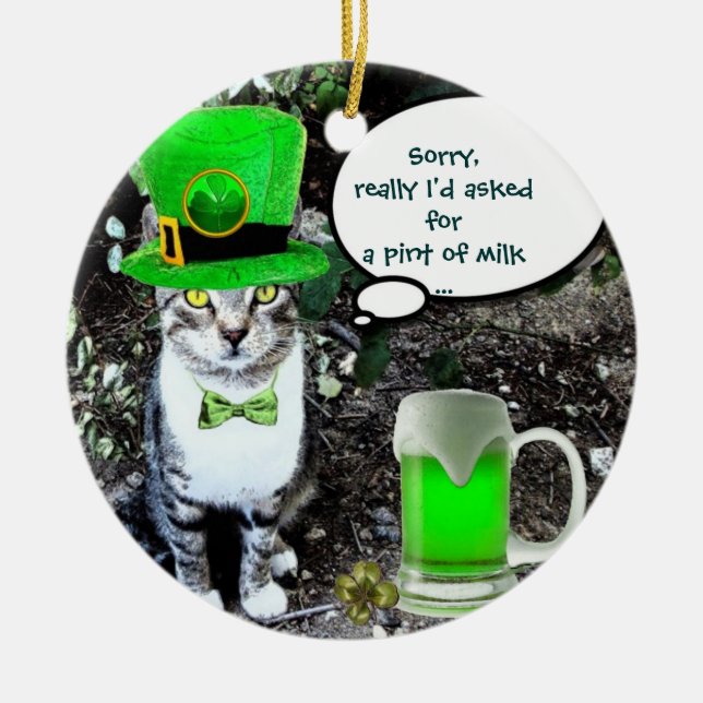 ST PATRICK'S  DAY CAT  WITH GREEN IRISH BEER CERAMIC ORNAMENT (Front)