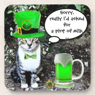 ST PATRICK'S DAY CAT WITH GREEN IRISH BEER COASTER