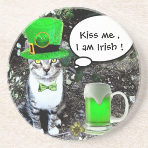 ST PATRICK'S DAY CAT WITH GREEN IRISH BEER COASTER