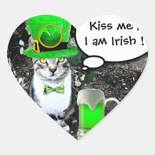 ST PATRICK'S  DAY CAT  WITH GREEN IRISH BEER Heart Sticker (Front)