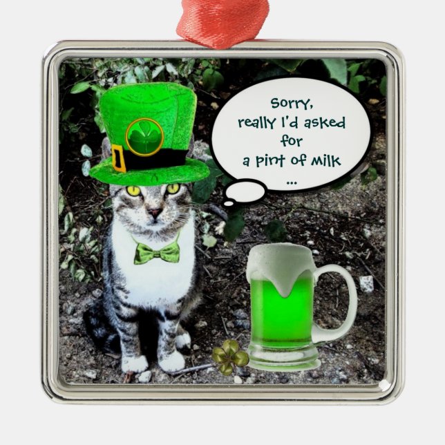 ST PATRICK'S  DAY CAT  WITH GREEN IRISH BEER METAL TREE DECORATION (Front)