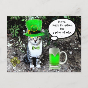 ST PATRICK'S DAY CAT WITH GREEN IRISH BEER POSTCARD