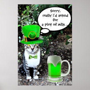 ST PATRICK'S DAY CAT WITH GREEN IRISH BEER POSTER
