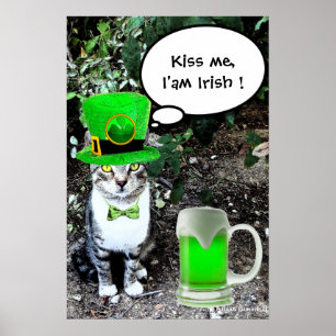 ST PATRICK'S DAY CAT WITH GREEN IRISH BEER POSTER