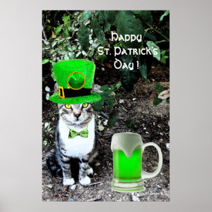 ST PATRICK'S DAY CAT WITH GREEN IRISH BEER POSTER