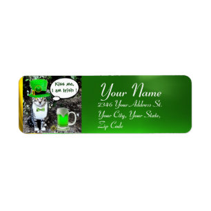 ST PATRICK'S  DAY CAT  WITH GREEN IRISH BEER RETURN ADDRESS LABEL