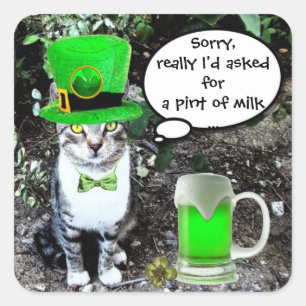 ST PATRICK'S  DAY CAT  WITH GREEN IRISH BEER SQUARE STICKER