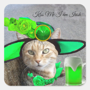 ST PATRICK'S  DAY CAT  WITH GREEN IRISH BEER SQUARE STICKER